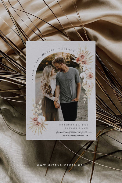 Boho Arch Pampas Grass Save the Date Photo Card Engaged Bride to Be 