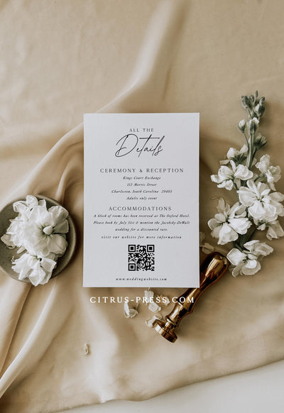 Minimalist Enclosure Card Details Information Card for Wedding with QR code