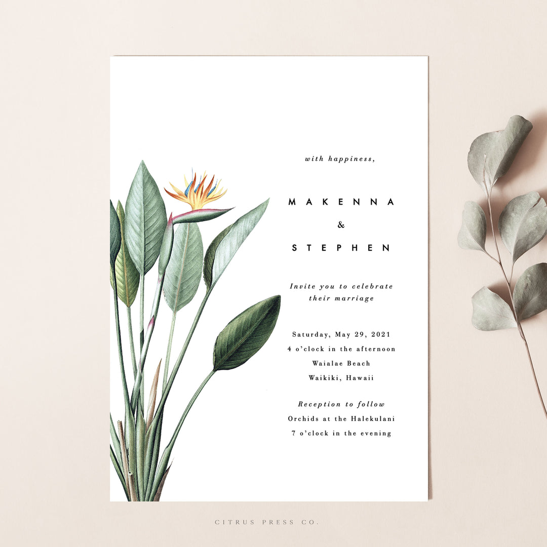 Minimalist Destination Tropical Wedding Invitation – Citrus Press, image size:1080x1080