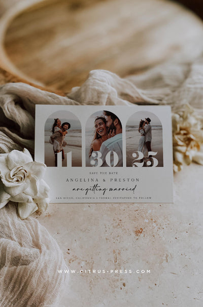 Modern Minimal Arch Photo Save The Date Card Design