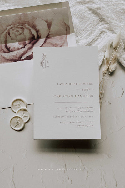 Minimal Rose with modern monogram wedding invitation suite