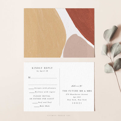 Abstract shapes RSVP postcard wedding invitation