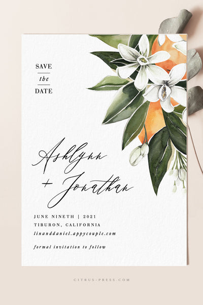 Modern Citrus Oranges Wedding Invitation perfect for a Florida destination wedding