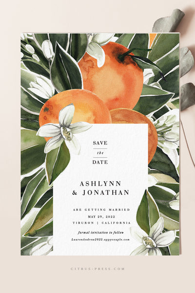 Modern Citrus Oranges Wedding Invitation perfect for a Florida destination wedding