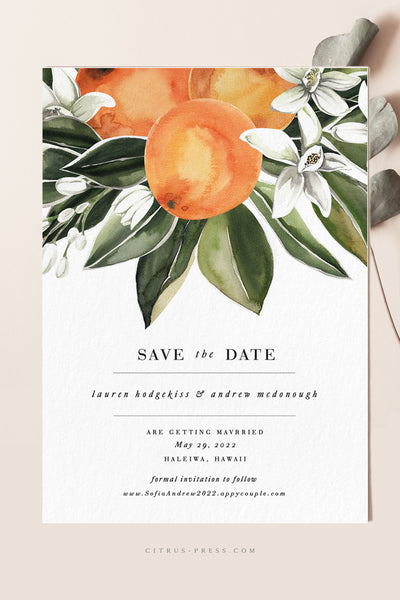 Modern Citrus Oranges Wedding Invitation perfect for a Florida destination wedding