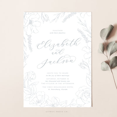 Simplistic Floral Frame Wedding Invitation Suite
