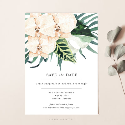 Orchid Save the Date Tropical Wedding Announcement Card