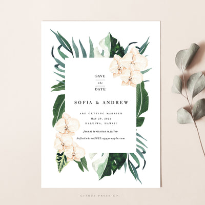 Orchid Save the Date Tropical Wedding Announcement Card