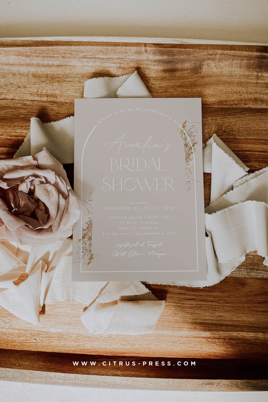 Boho Arch Pampas Grass Bridal Shower Invitation | Printable Template –  Citrus Press, image size:1080x1620