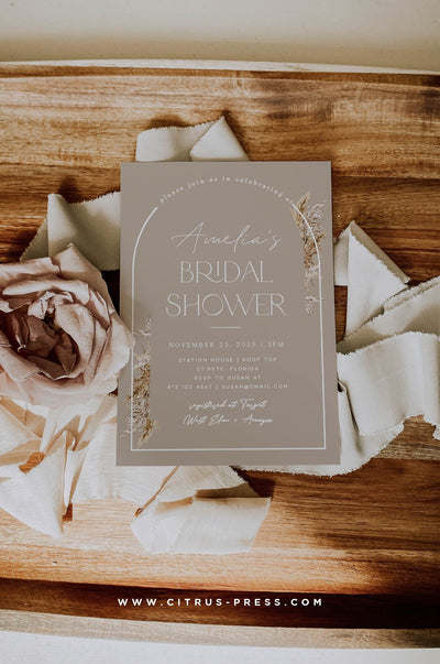 Boho Arch Pampas Grass Bridal Shower Wedding Invitation Printable Template Editing Design with Corjl