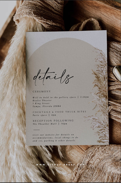 Arch Wedding Invitation Enclosure Card with Dried Pampas Grass and neutral terracotta colors