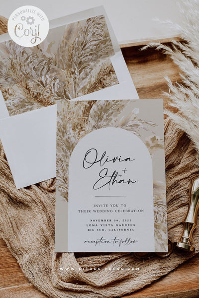 Modern Pampas Grass Arch Wedding Invitation Suite Printable DIY PDF Corjl 
