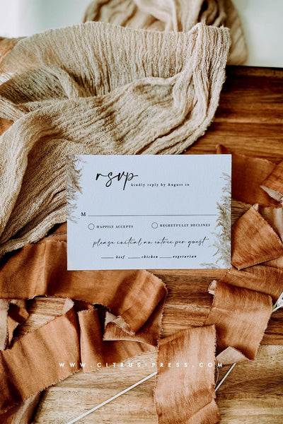 minimal pampas grass wedding invitation card RSVP
