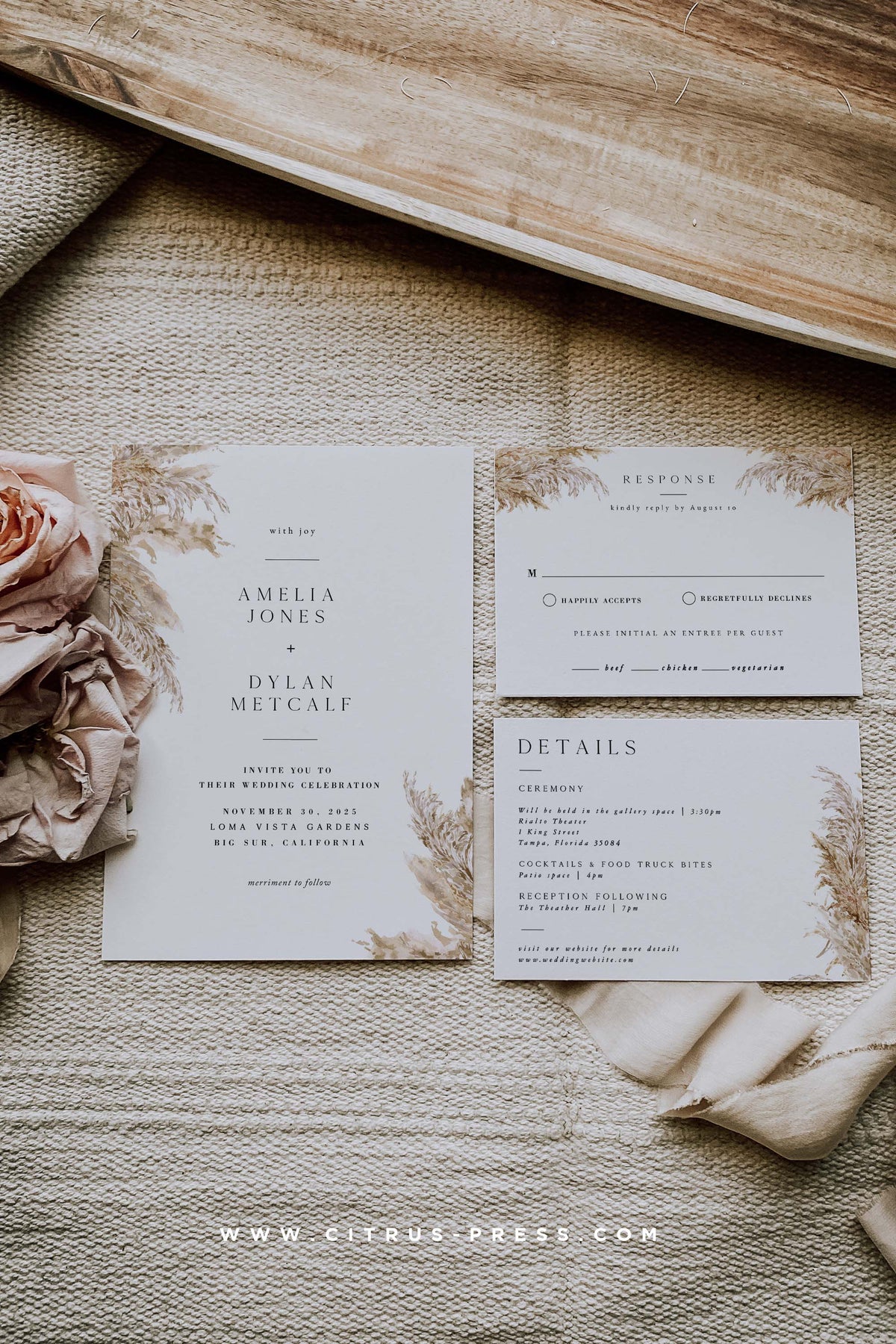 Personalised Rustic Wedding Invitations EUCALYPTUS LEAVES & PAMPAS packs of  10