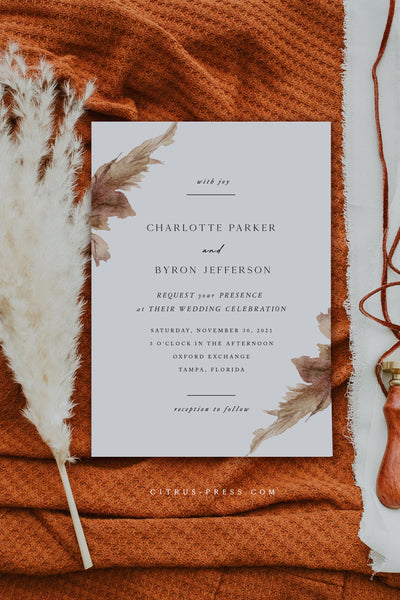 Pampas Grass Wedding Invitation Printable Template PDF DIY Self Edit Corjl Templett
