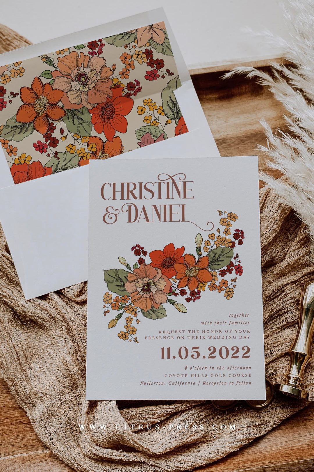 70s Style Flower Wedding Invitation – Citrus Press, image size:1080x1622