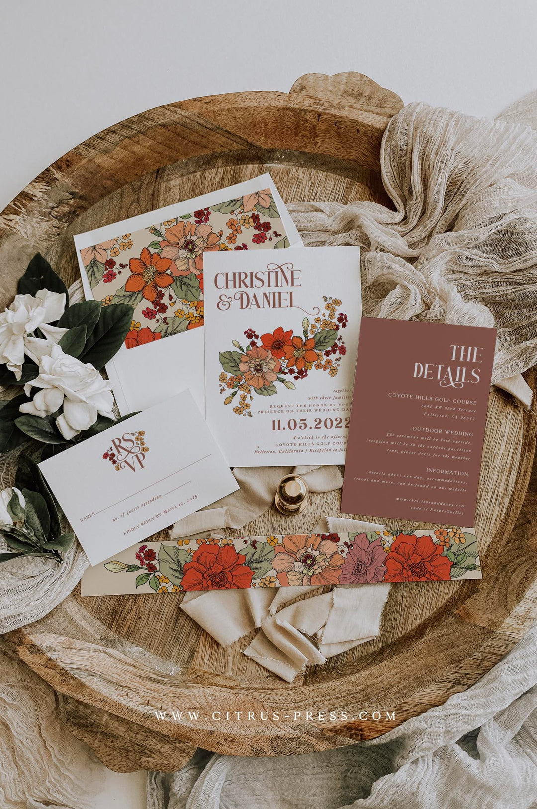 70s Style Flower Wedding Invitation – Citrus Press, image size:1080x1626