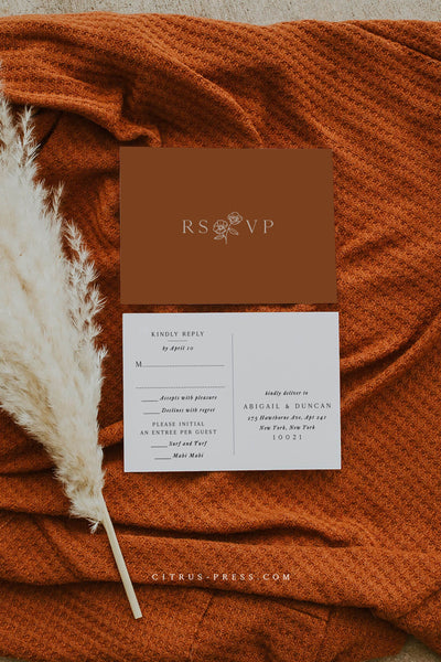 Rust Terracotta Wedding Invitation RSVP Postcard with modern flower line art illustration 