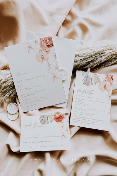 Sun Bleached Minimal Orchid Wedding Invitation Corjl Templett DIY PDF Template