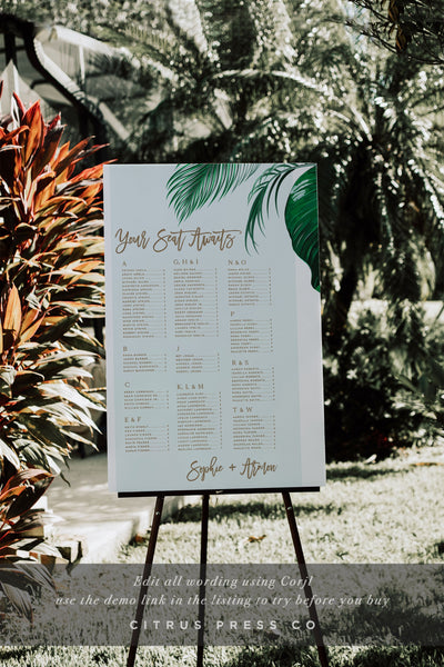 Tropical Wedding Seating Chart Beach Destination DIY Corjl Templett PDF Printable Edit Template