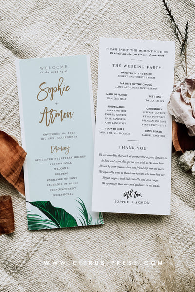 Tropical Beach Wedding Program Printable Template DIY PDF Editable Corjl Templett