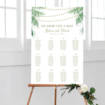 Tropical Destination Wedding Seating Chart with string lights  DIY PDF Template