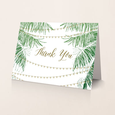 String light destination wedding  thank you card with palm trees for a beach wedding
