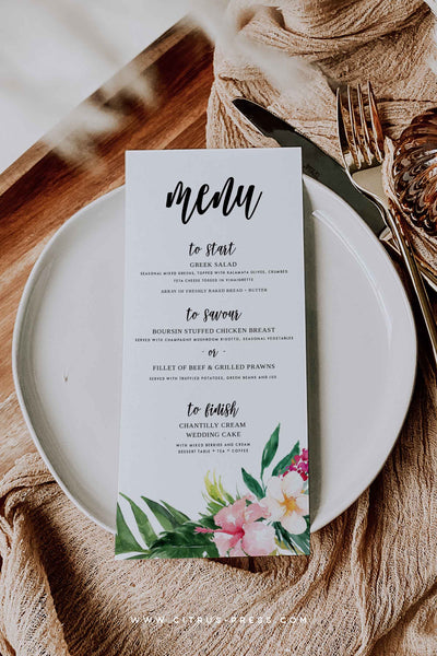 Tropical Wedding Menu DIY Corjl Template Self Editable Digital Download