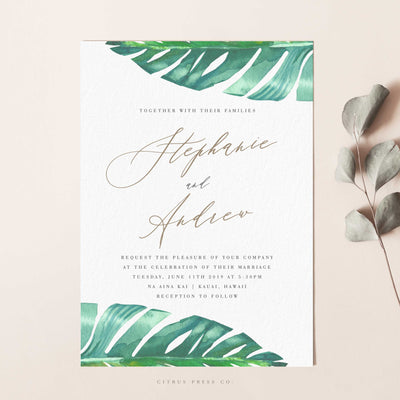 Tropical Destination Wedding Invitation with Palm Leaf Design