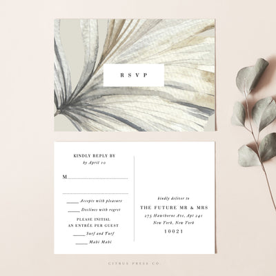 Sun bleached dry palm pampas grass wedding invitaiton paper card