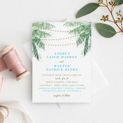 String light wedding invitation with palm trees