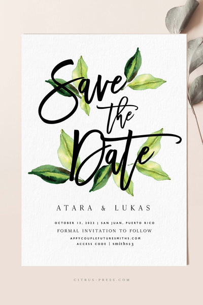 Greenery Organic Leaf Save the Date modern layout and tyography