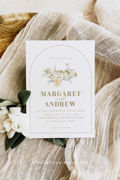 White Flower Arch Modern Minimal Wedding Invitation Suite 