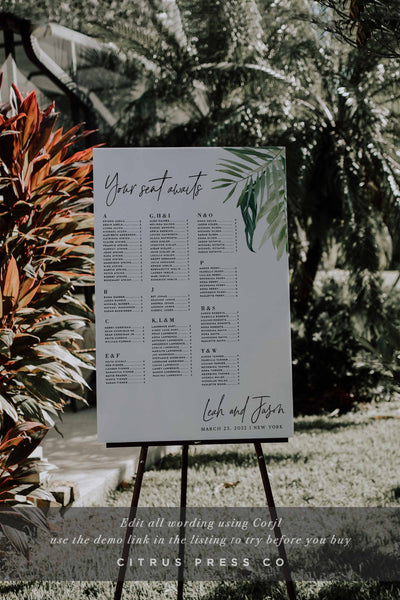 Modern Tropical Seating Chart Wedding Ceremony Reception Corjl Tempate DIY PDF Digital Downalod