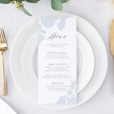 Blue romantic wedding reception menu