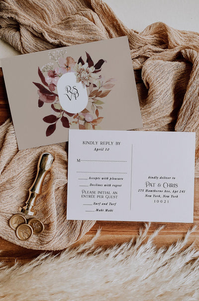 Boho Arch Wildflower Wedding Invitation Suite RSVP Postcard in Blush and Burgundy colors
