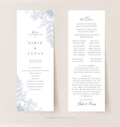 romantic blue floral wedding program for reception