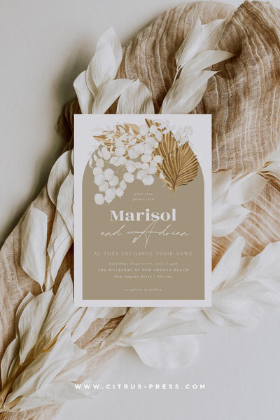 Arch Wedding Invitation white flowers and dried palm leaves